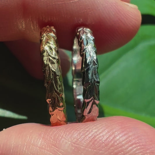 Engraved Maile leaves and flowers on Hawaiian rings
