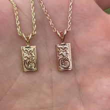 Load and play video in Gallery viewer, Hibiscus &amp; Old English Scroll Pendant in 14K Yellow or Pink Gold
