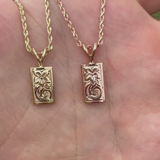 Small Hawaiian Pendants with engraving in yellow and pink gold 