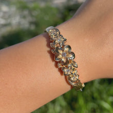 Load and play video in Gallery viewer, Medium Five Diamond Plumeria Hinge &amp; Clasp Hawaiian Bracelet in 14K Yellow Gold
