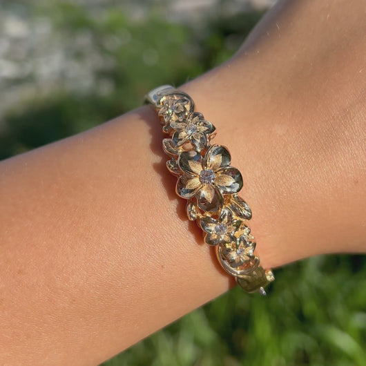 Medium Five Diamond Plumeria Hinge & Clasp Hawaiian Bracelet in 14K Yellow Gold