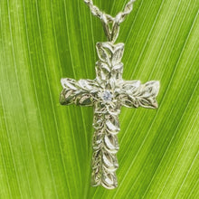Load and play video in Gallery viewer, Gold engraved cross pendant with diamond 

