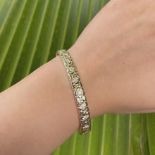 Load and play video in Gallery viewer, 8mm Plumeria w/ Leaf &amp; Diamonds Hawaiian Bangle Bracelet in 14K Yellow Gold
