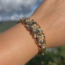 Load and play video in Gallery viewer, Large Five Diamond Plumeria Hinge &amp; Clasp Hawaiian Bracelet in 14K Yellow Gold
