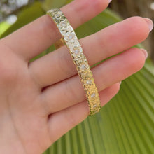 Load and play video in Gallery viewer, 8mm Plumeria w/ Leaf &amp; Diamonds Hawaiian Bangle Bracelet in 14K Yellow Gold
