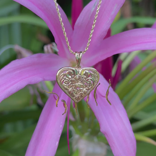 Hawaiian Jewelry Heart Pendant with flowers and engraving