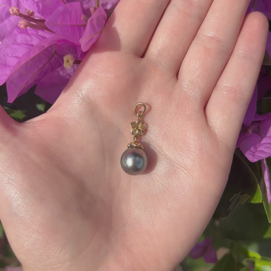 Plumeria and black pearl Hawaiian jewelry pendant 