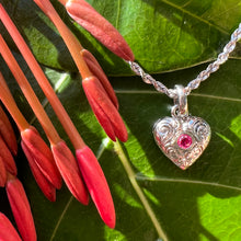 Load image into Gallery viewer, Small Heart w/Hibiscus Flower and Scrolls with Ruby
