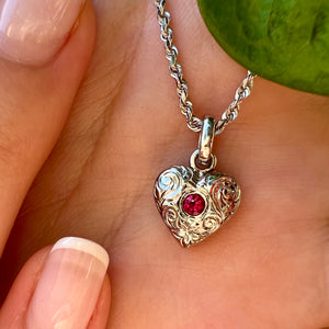 Small Heart w/Hibiscus Flower and Scrolls with Ruby