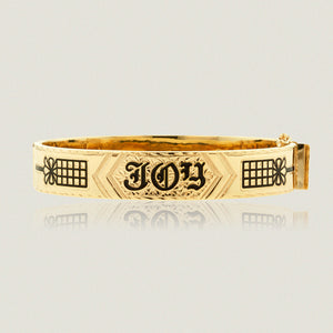 Hawaiian Heirloom 12mm Flat Bracelet w/ clasp, 'Joy', Old English design and Kahili symbols in black enamel - Philip Rickard