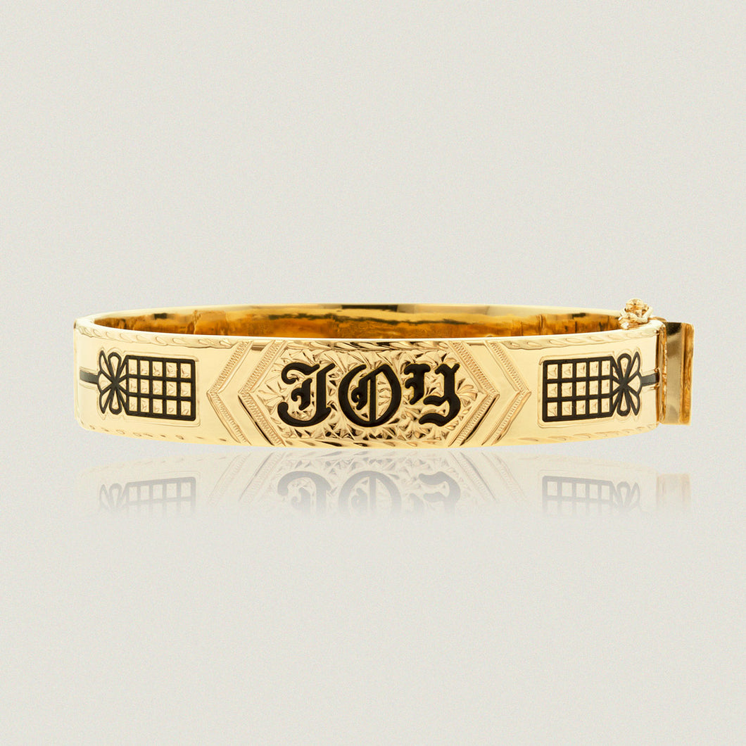 Hawaiian Heirloom 12mm Flat Bracelet w/ clasp, 'Joy', Old English design and Kahili symbols in black enamel - Philip Rickard