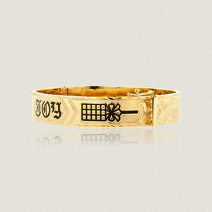 Hawaiian Heirloom 12mm Flat Bracelet w/ clasp, 'Joy', Old English design and Kahili symbols in black enamel - Philip Rickard