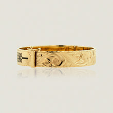 Load image into Gallery viewer, Hawaiian Heirloom 12mm Flat Bracelet w/ clasp, &#39;Joy&#39;, Old English design and Kahili symbols in black enamel - Philip Rickard
