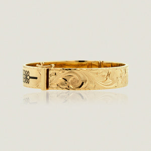 Hawaiian Heirloom 12mm Flat Bracelet w/ clasp, 'Joy', Old English design and Kahili symbols in black enamel - Philip Rickard