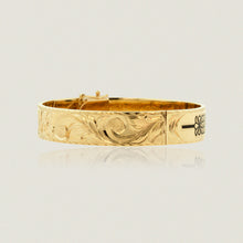 Load image into Gallery viewer, Hawaiian Heirloom 12mm Flat Bracelet w/ clasp, &#39;Joy&#39;, Old English design and Kahili symbols in black enamel - Philip Rickard
