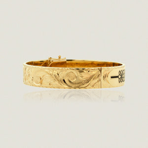 Hawaiian Heirloom 12mm Flat Bracelet w/ clasp, 'Joy', Old English design and Kahili symbols in black enamel - Philip Rickard