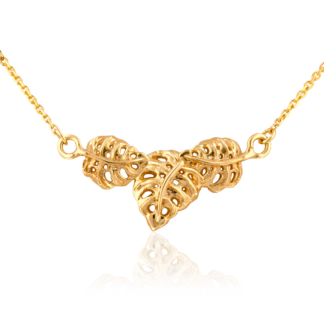 monstera jewelry Three Monstera Necklace in 14K Yellow or Pink Gold 14K Yellow Gold. Total length 17 1/4"