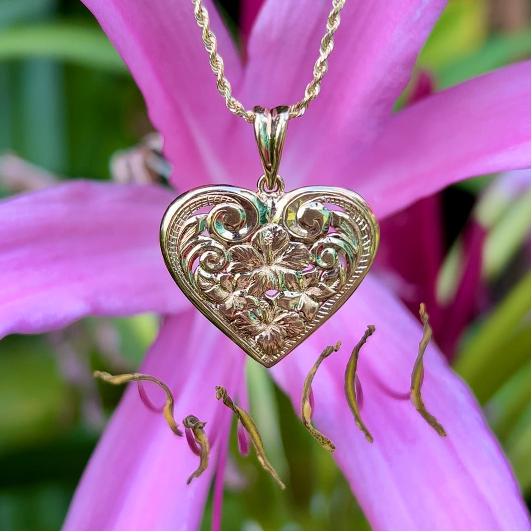 Large Filigree Hawaiian Heart Pendant w/Flowers