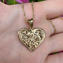 Load image into Gallery viewer, Large Filigree Hawaiian Heart Pendant w/Flowers in 14K Yellow or Pink Gold
