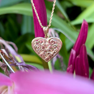 Large Filigree Hawaiian Heart Pendant w/Flowers in 14K Yellow or Pink Gold