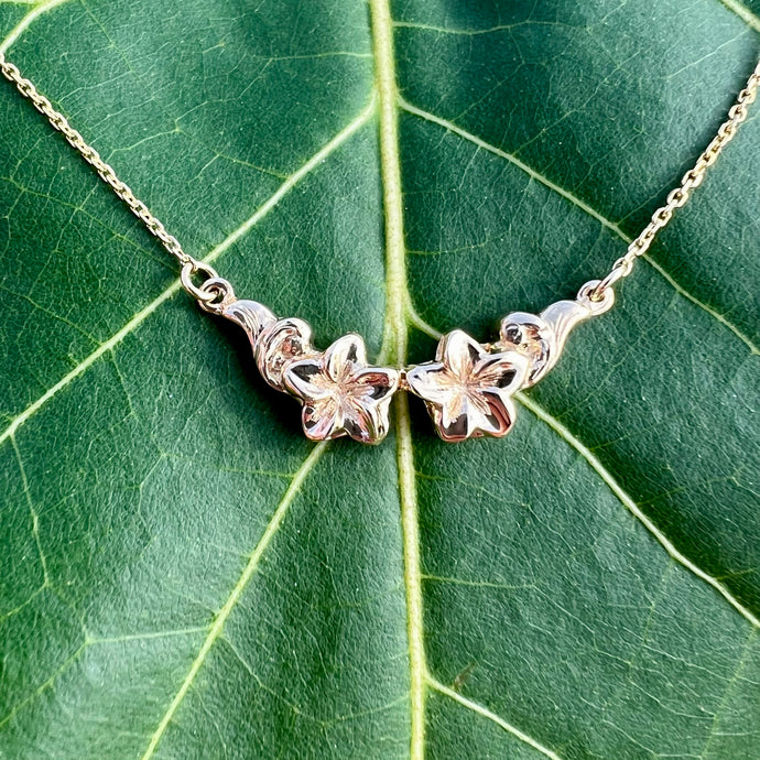 Two Plumeria with Leaf Hawaiian Necklace