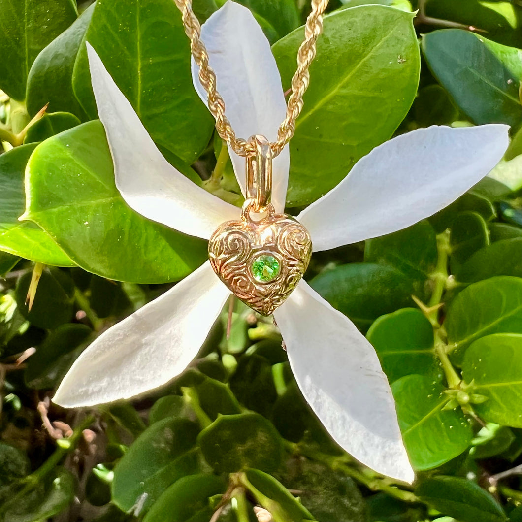 Small Heart w/Hibiscus Flower and Scrolls with Peridot