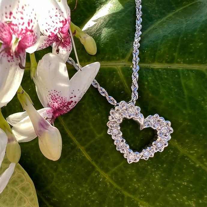 Small Slanted Hawaiian Heart Pendant with Diamonds in 14K White Gold