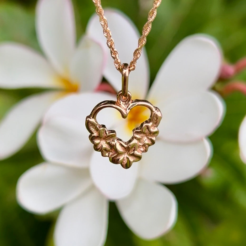 Hawaiian Three Plumeria Heart Pendant in 14K Yellow, White, Pink, Green or  Multicolor Gold (Large, Medium or Small)