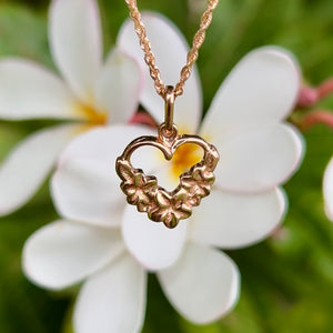 Hawaiian Heart Pendant with three plumeria flowers on chain