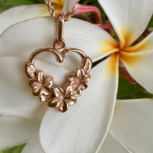 Hawaiian Heart Pendant with engraved three plumeria flowers
