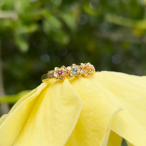 Three Small Plumeria Hawaiian Flower Ring w/ Colored Stones