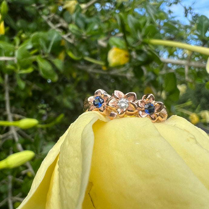 Plumeria Hawaiian Flower Ring with Sapphires and Diamond