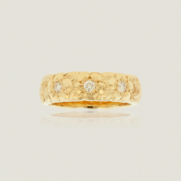Old English 6mm Ring w/ 3 Diamond Plumeria Flowers - Philip Rickard