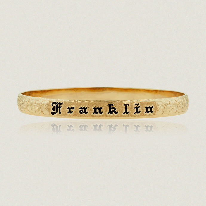Hawaiian Heirloom 8mm Bracelet w/ 'Franklin' in black enamel, Maile and Hibiscus flowers design - Philip Rickard