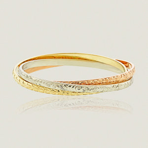 Trinity Hawaiian Heirloom Bracelets in Old English, Maile leaf and Plumeria design - Philip Rickard