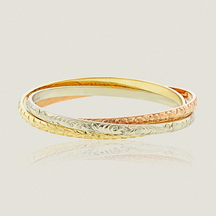 Trinity Hawaiian Heirloom Bracelets in Old English, Maile leaf and Plumeria design - Philip Rickard
