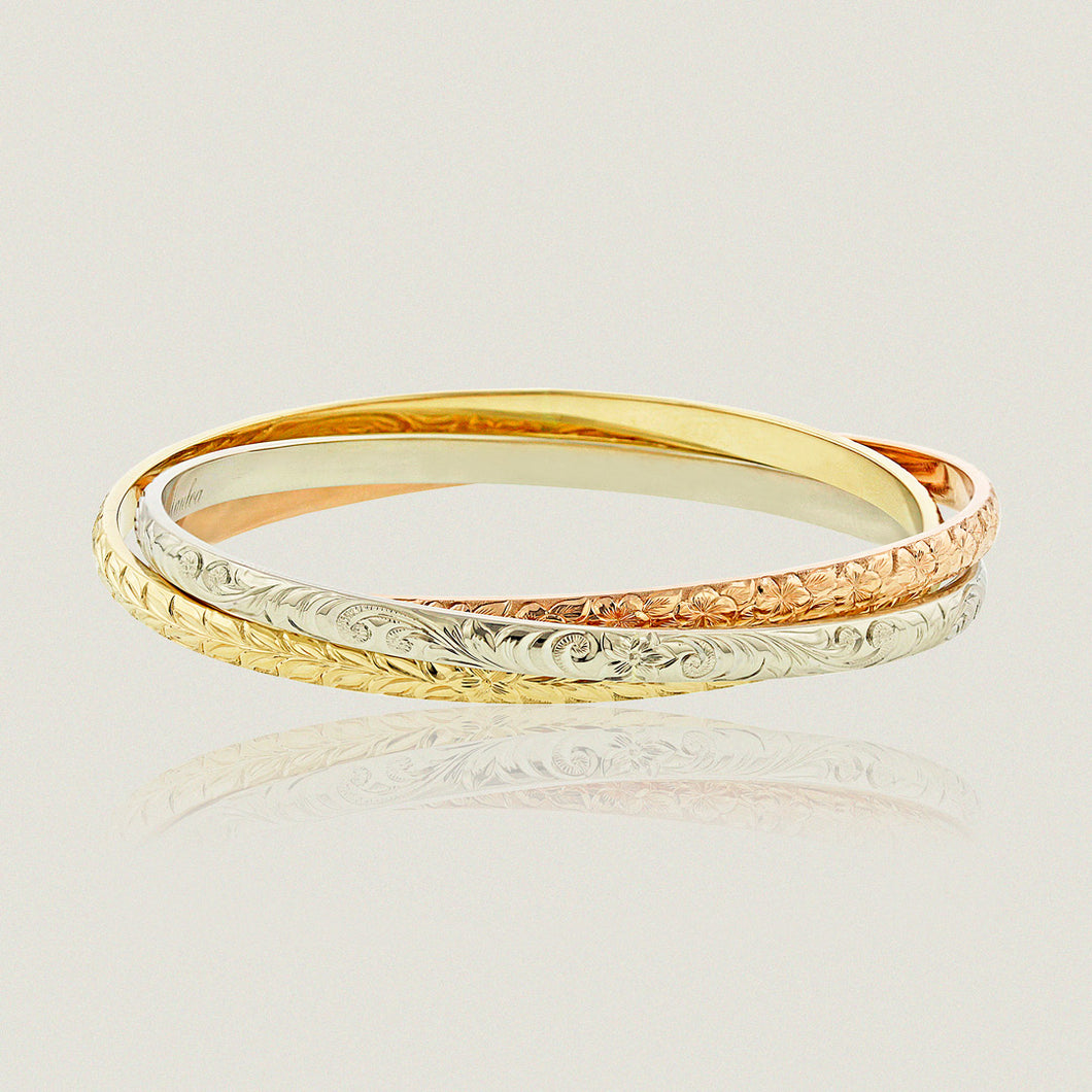 Trinity Hawaiian Heirloom Bracelets in Old English, Maile leaf and Plumeria design - Philip Rickard