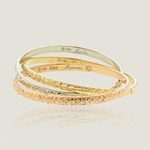 Trinity Hawaiian Heirloom Bracelets in Old English, Maile leaf and Plumeria design - Philip Rickard