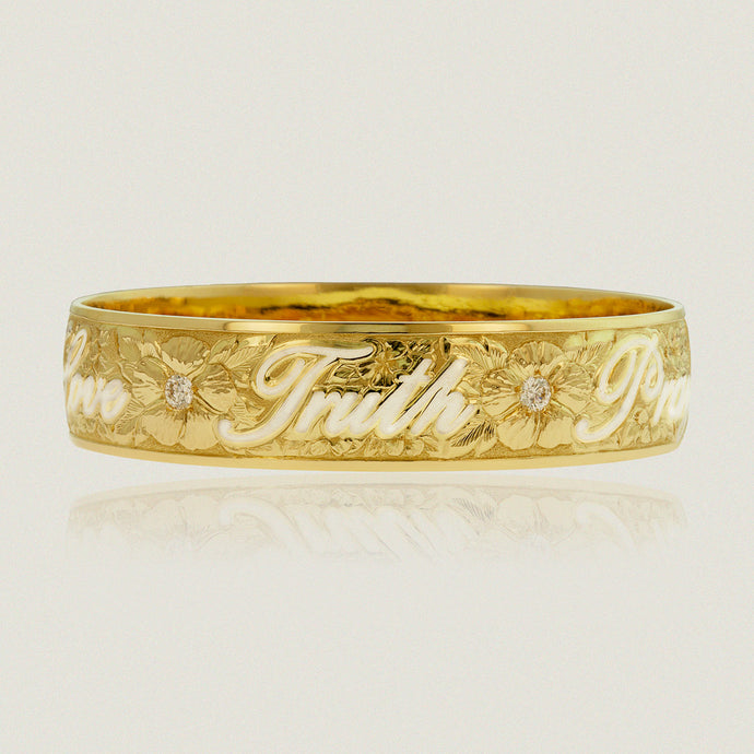 Hawaiian Heirloom 15mm Bracelet w/ Diamond Hibiscus flowers and 'Truth Pray Faith Love Amen' in white enamel - Philip Rickard