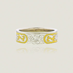 Ali'i 6mm Flat Ring w/ Plumeria flower and Old English design in yellow enamel - Philip Rickard