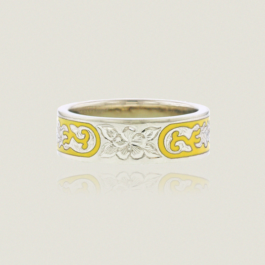 Ali'i 6mm Flat Ring w/ Plumeria flower and Old English design in yellow enamel - Philip Rickard