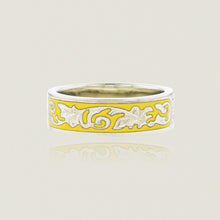 Load image into Gallery viewer, Ali&#39;i 6mm Flat Ring w/ Plumeria flower and Old English design in yellow enamel - Philip Rickard
