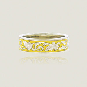 Ali'i 6mm Flat Ring w/ Plumeria flower and Old English design in yellow enamel - Philip Rickard