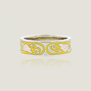 Ali'i 6mm Flat Ring w/ Plumeria flower and Old English design in yellow enamel - Philip Rickard