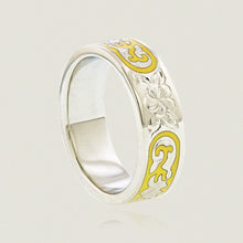 Load image into Gallery viewer, Ali&#39;i 6mm Flat Ring w/ Plumeria flower and Old English design in yellow enamel - Philip Rickard
