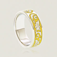 Load image into Gallery viewer, Ali&#39;i 6mm Flat Ring w/ Plumeria flower and Old English design in yellow enamel - Philip Rickard
