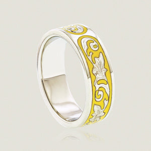 Ali'i 6mm Flat Ring w/ Plumeria flower and Old English design in yellow enamel - Philip Rickard